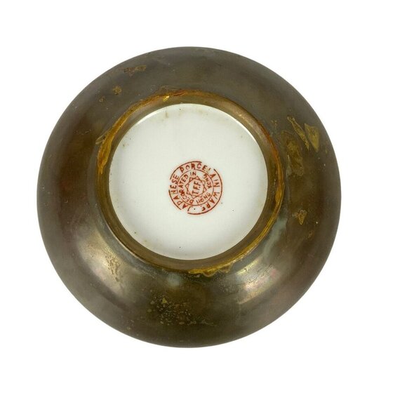 Japanese Porcelain Ware Floral Bowl Wide Hand Painted & Brass Clad Hong Kong - Picture 3 of 4